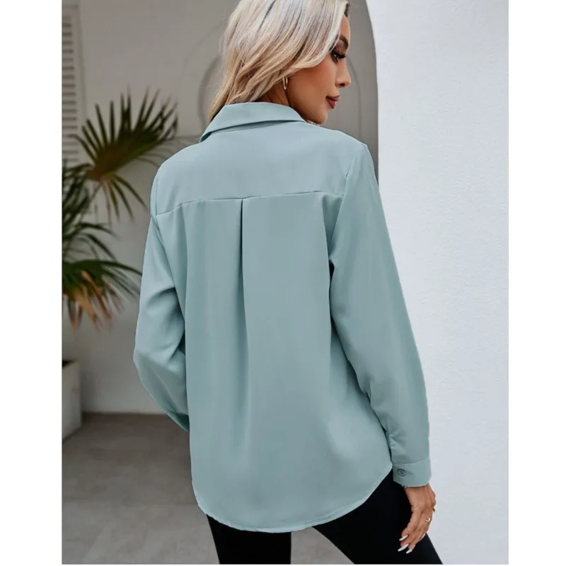 Dames Blouses 2024 Nieuwe Effen Kleur Casual Losse Lange Mouwen Shirt Dames Turn Down Kraag Donkere Knoop Chiffon Shirt 긴y 2K