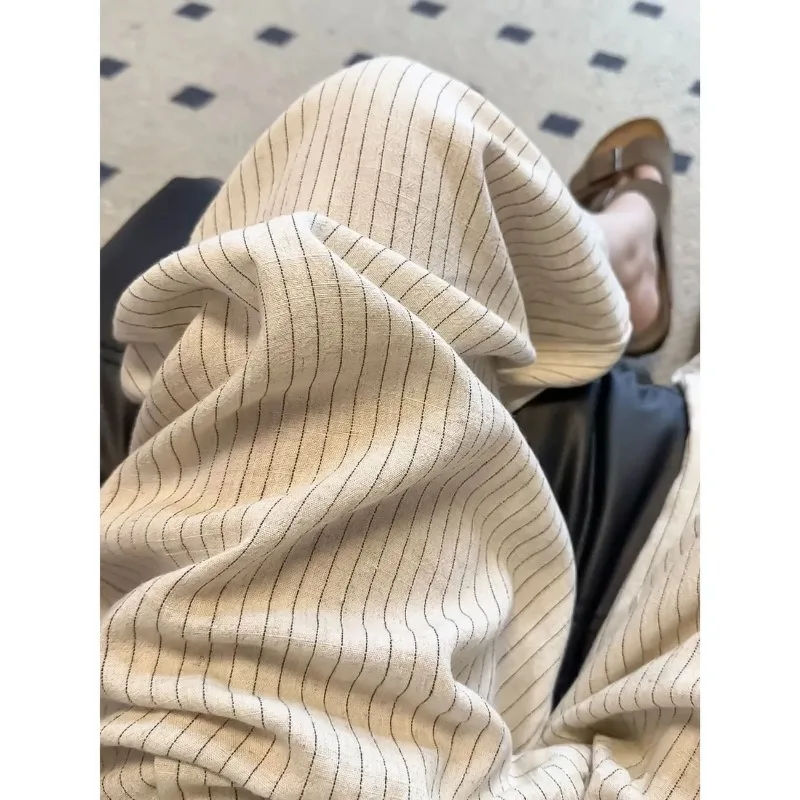 Women Japanese Style Linen Striped Pants High Waist Draping Loose Lazy Slim Casual Wide Leg Trousers