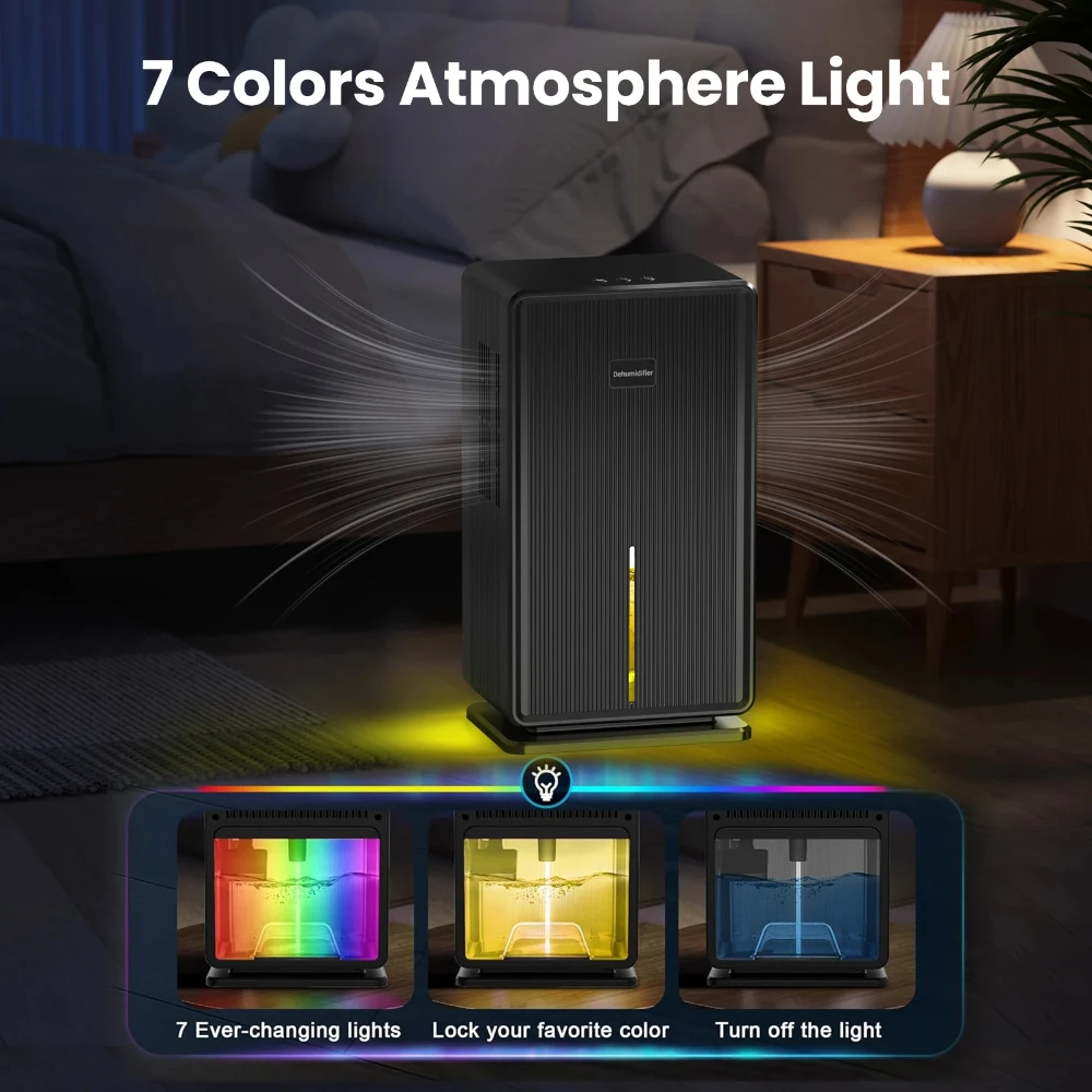 Déshumidificateur domestique, 750 m2. Déshumidificateur de salle de bain, déshumidificateur 100 oz, veilleuse 7 couleurs, arrêt automatique, mode veille
