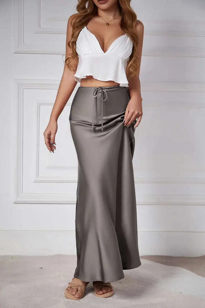 New In 2026 Women's Spring Summer Solid Color Satin Long Skirt High Waist Lace-up Trendy Elegant Faldas Female Beach Maxi Skirts