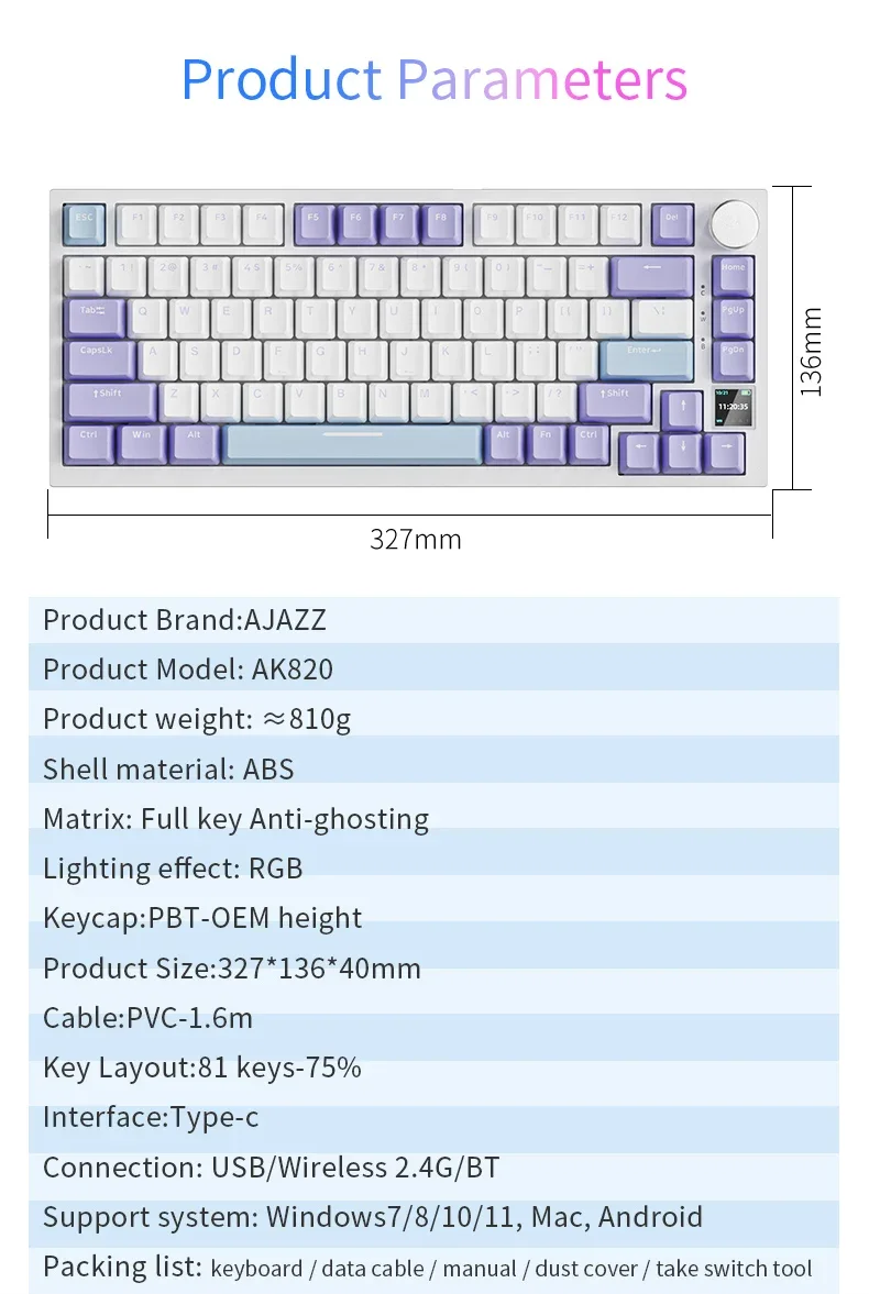 Ajazz ak820 teclado mecânico para jogos com fio e sem fio 75% layout compacto, interruptores permutáveis a quente, conexão tri-modo, luz de fundo rgb