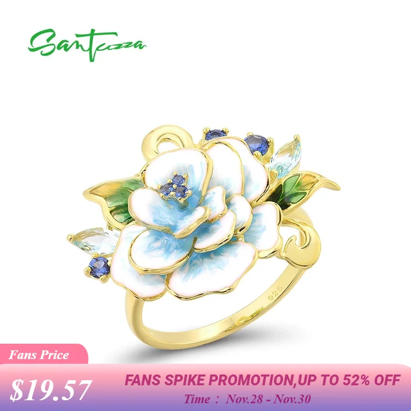 

SANTUZZA Pure 925 Sterling Silver Rings For Women Exquisite Blooming Flower Blue Glass Ring Party Fine Jewelry Handmade Enamel