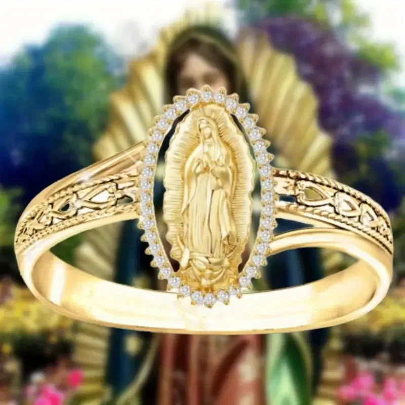 Elegant oval-shaped gold ring with diamonds surrounding the image of the Virgin Mary, versatile and elegant