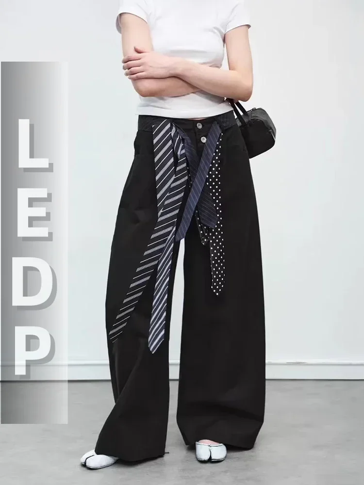 IMU Unisex Button Tie Detail Suit Pants Black Pockets Versatile Casual Wide Leg Trousers Dressy Office Women Everyday