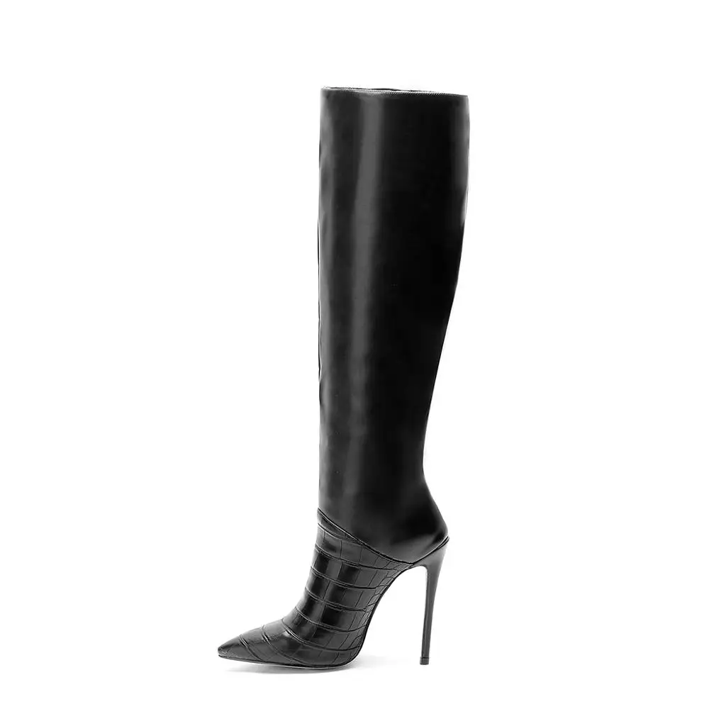 

Arden Furtado 2024 Autumn Embossed leather Thin heel knee high boots Pointed toe Patchwork Slip-on Super high heel Modern boots