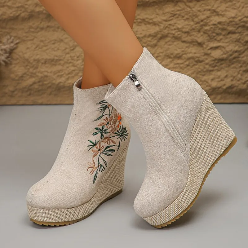 2026 Spring Autumn New Embroidery Design Women's High Heel Ankle Boots Fashionable Solid Zipper Wedge Casual Women Single Shoes
