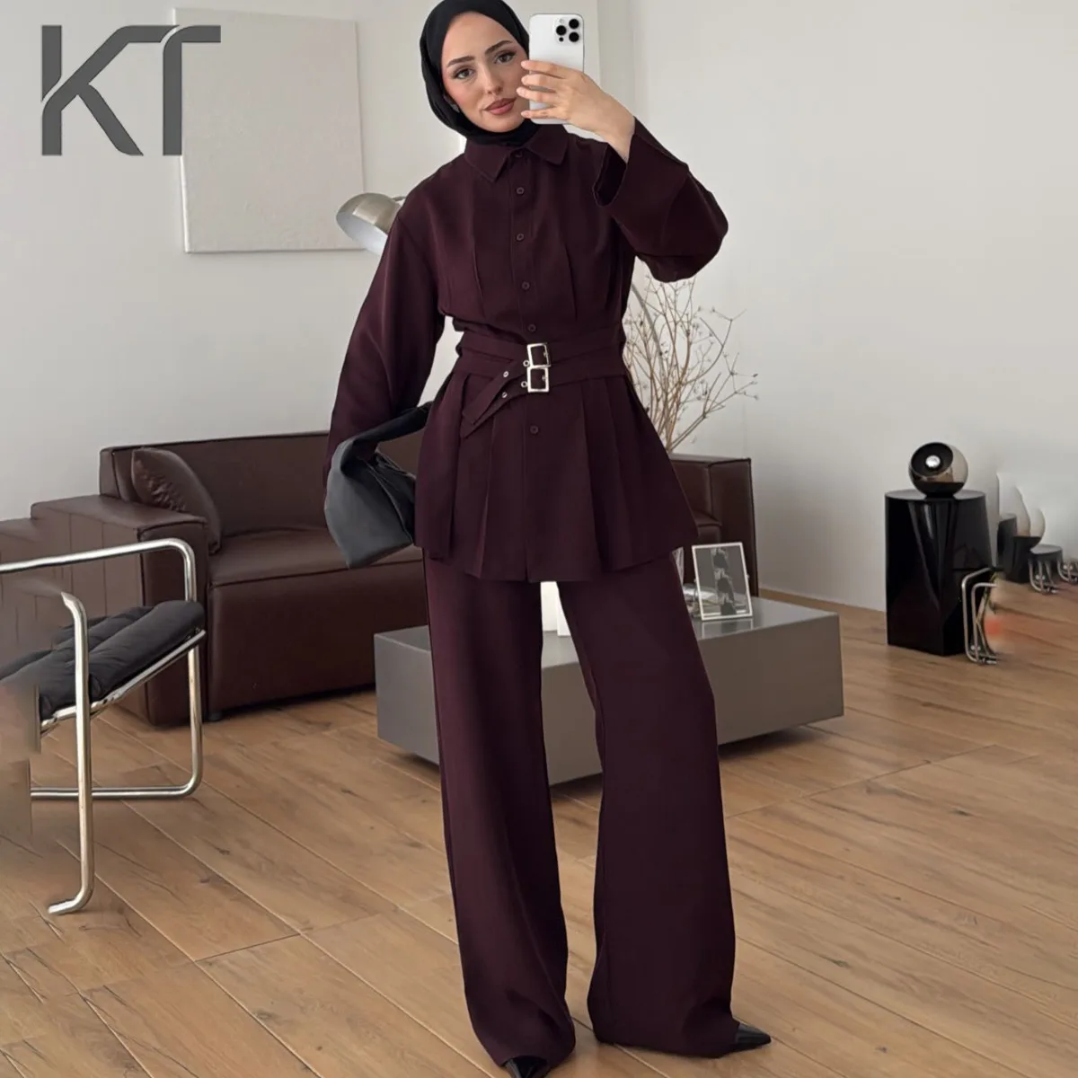 

KT Elegant Belted Two Piece Set For Women Point Collar Long Sleeve Shirt & High Waist Wide Leg Pants Office & Casual Wear Suits