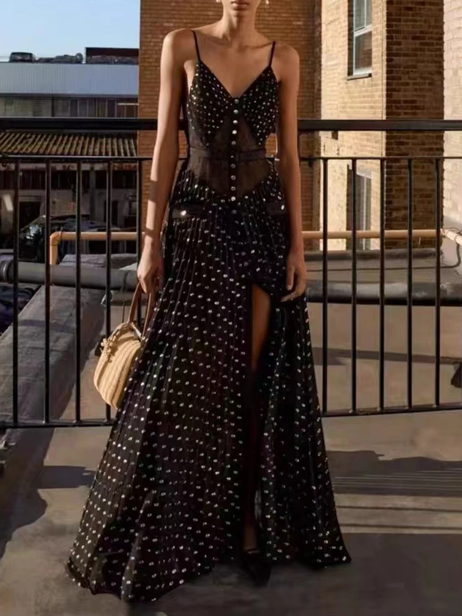 TWOTWINSTYLE Nero Impiombato Dot Dress Femminile Scollo A V Senza Maniche Sexy Dimagrante Abiti da Donna Moda Estate Stile Nuovo