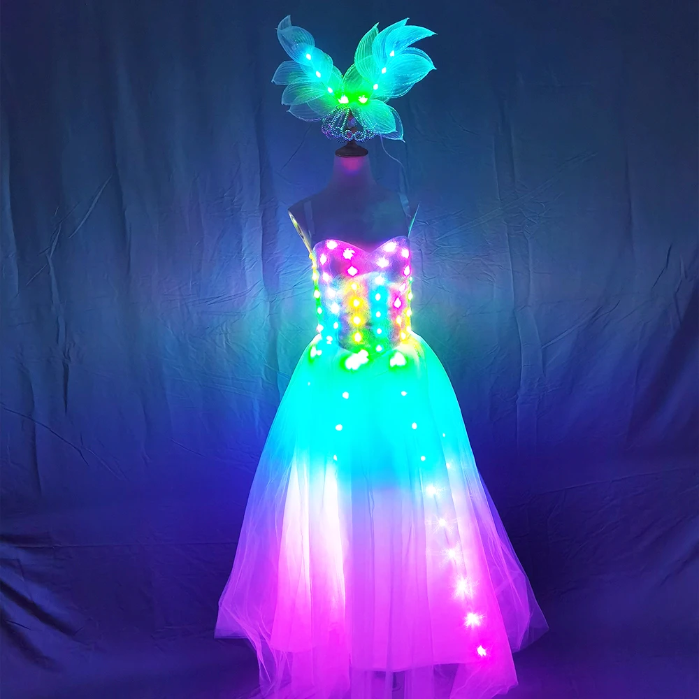 Full Color Pixel LED Skirt Dreamy luminous Wedding Dress Wings Bodysuit Women Singer Stage Costume Party Show Dancer Performance