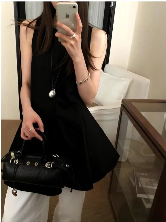 

Chic Black Midi Sleeveless round Neck Shirt for Women Slimming Korean Style Casual Summer Fashion Women's Premium Clothing