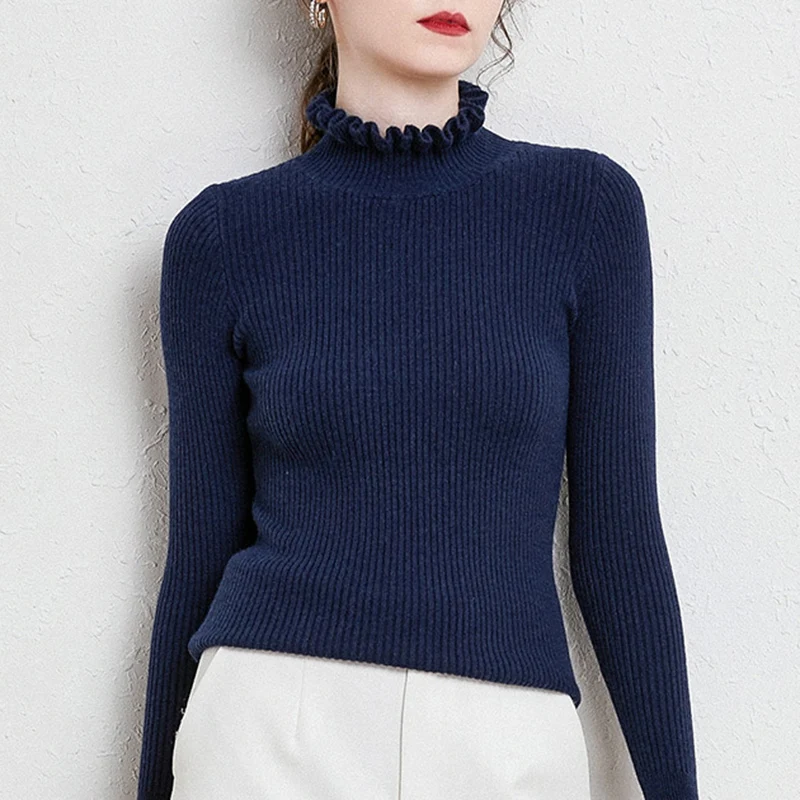 Rimocy Chic High Collar Ruffles Sweaters for Women Autumn Winter Long Sleeve Knitted Jumper Woman All Match Slim Fit Pullovers