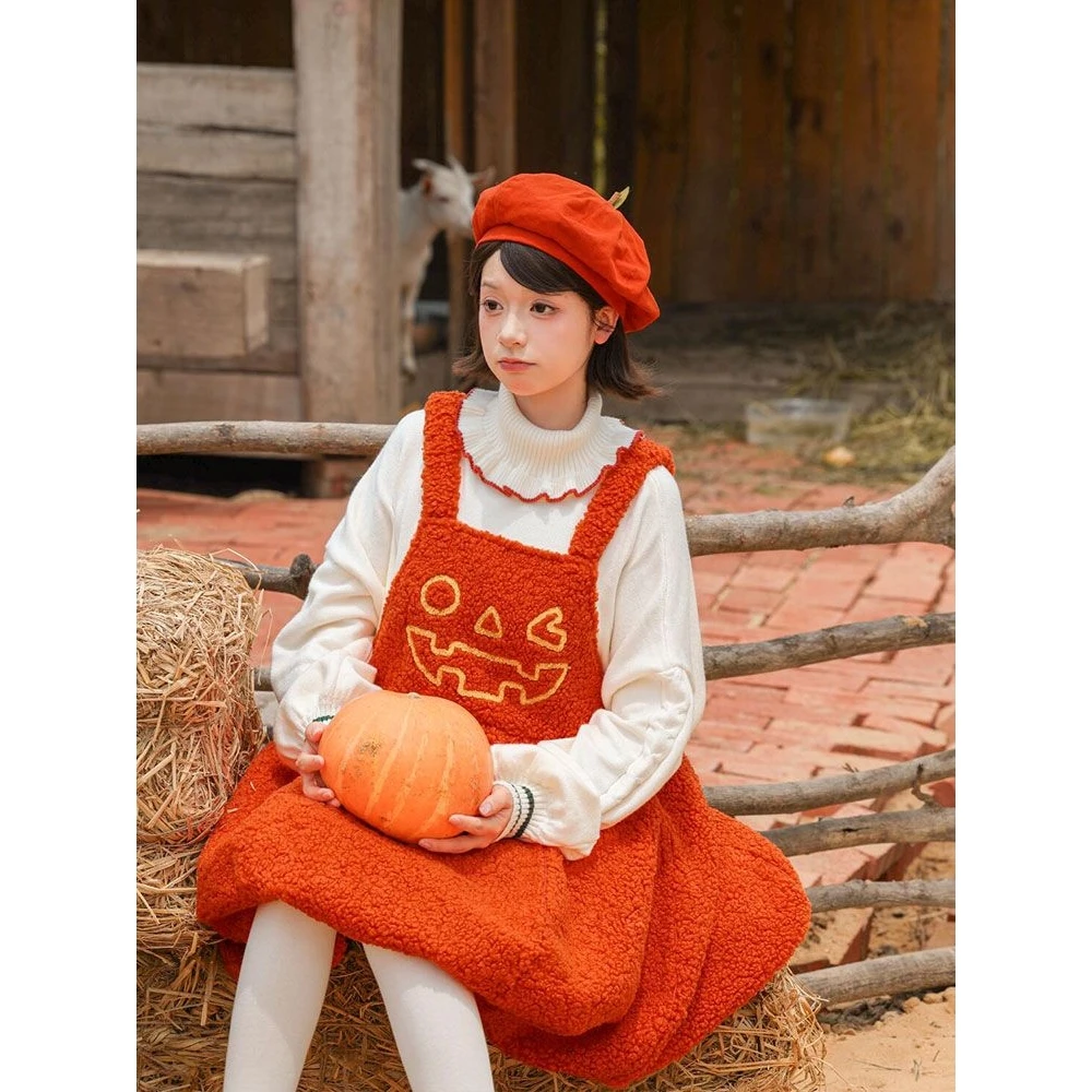loween Adult Outfit Two-Piece Set Small Sweet Pumpkin Funny Bouffant Skirt High Collar Sweater Autumn Faion Ladies' Clot...