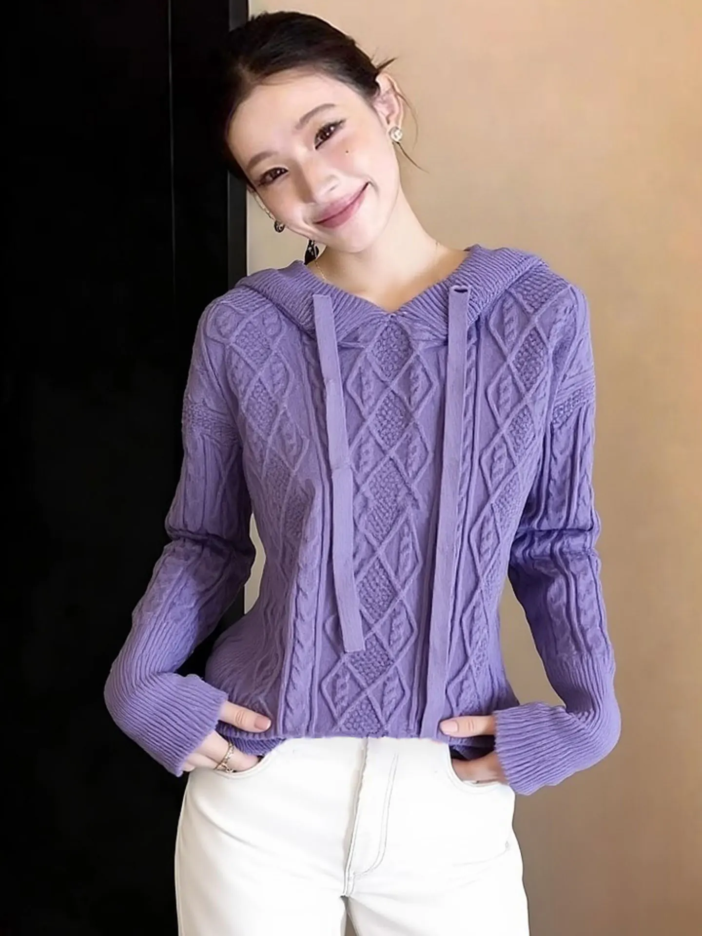 

Повседневный универсальный цветной вязаный свитер с капюшоном и длинными рукавами, весенний, в стиле lazy, универсальный, европейский, высококачественный брендовый женский топ