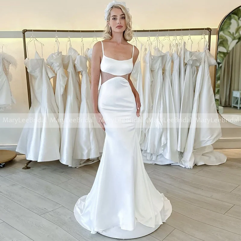 

Sexy Minimalism Mermaid Wedding Dress Scoop Neckline with Spaghetti Straps Ivory Waist Cut Sheer Back Bridal Gown Robe De Mariée