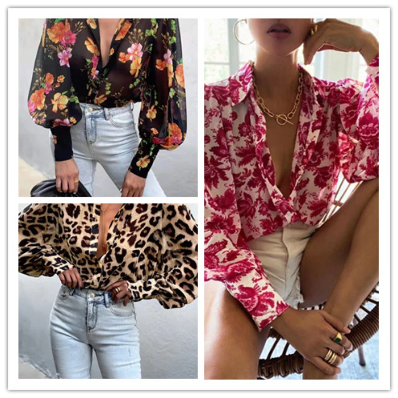 New Casual Loose Chiffon Long Sleeve Floral Leopard Print Shirt for Women Tops Clothes