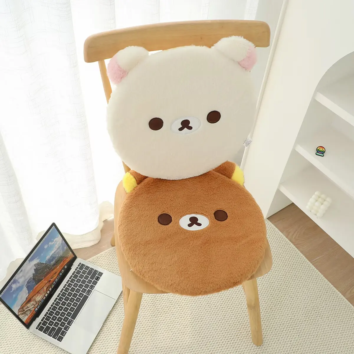Memory Foam Rilakkuma Round Plush Seat Cushion Soft Fluffy Chair Pad with Zipper for Home Office Dorm Car Seat Decor Gift
