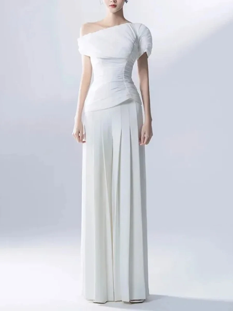 VGH Temperament Solid Two Piece Sets For Women Diagonal Collar Single Shoulder Sleeve Top High Waist Pants Chic Sets Female New