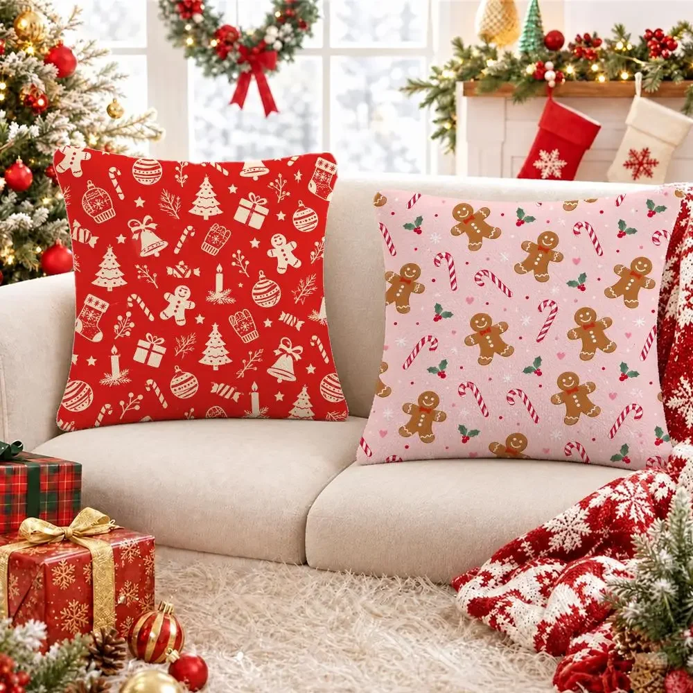 istmas Gingerbread Man Candy Cane Scatter Pattern Cushion Cover Short Plush Pillowcase, Sofa Bedroom Home Decor & Holiday Gift