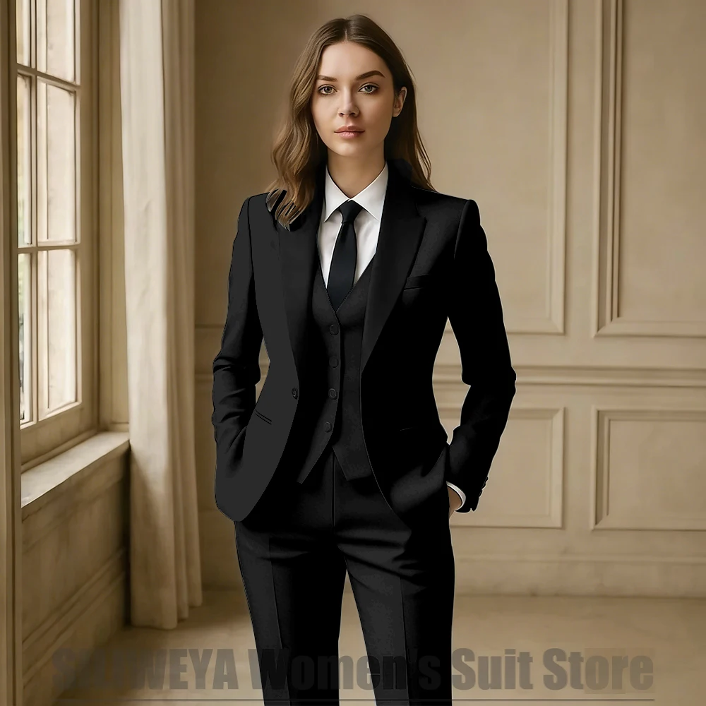 SILIWEYA Women Royal Blue 3 Piece Tuxedo Suit Blazer Vest Pants with Black Lapel Slim Fit Formal Party Business Office Outfit