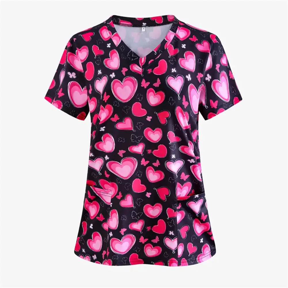 Love Nursing Scrubs Tops Nurse Uniform Animal 3d Print T-shirt Women Fashion V-neck Pocket Overalls Medical Uniforms Workwear
