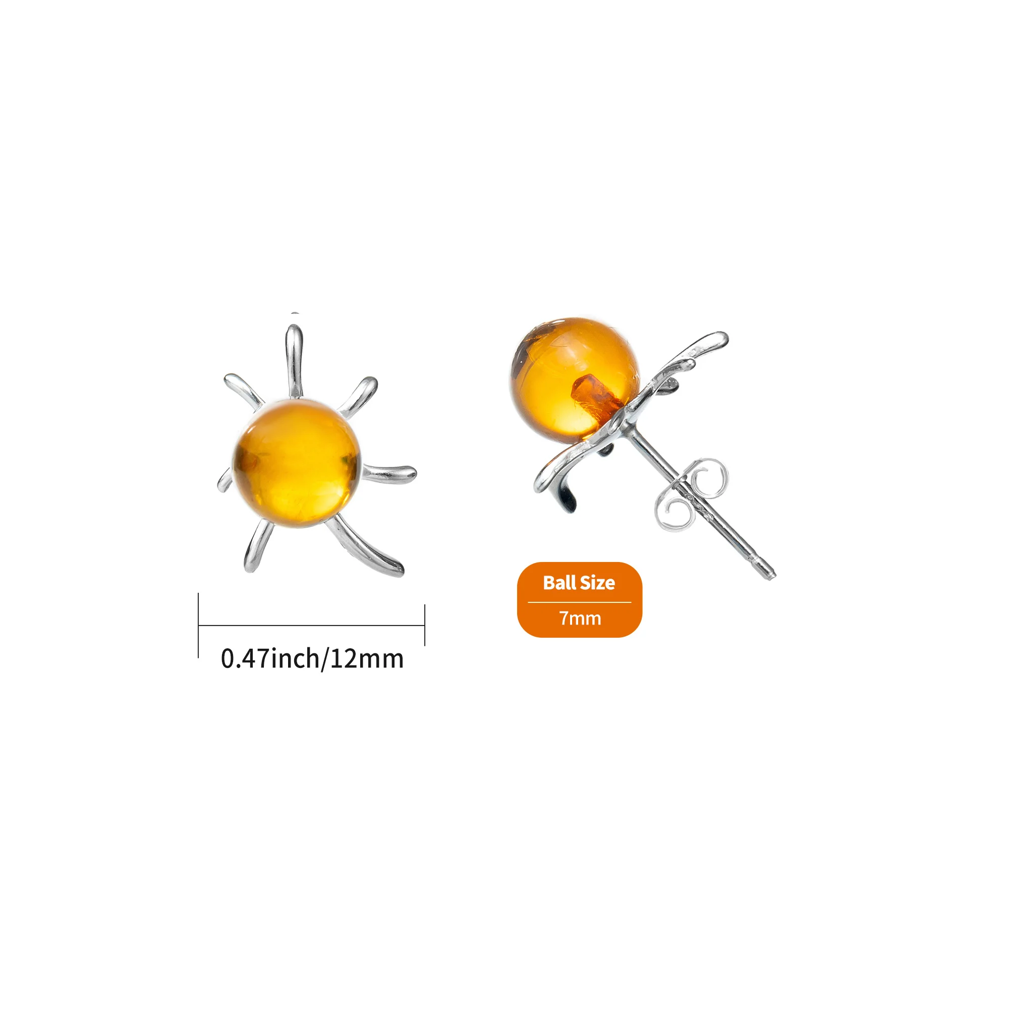 Genuine Baltic Amber Flaming Sun Stud Ball Earrings for Women in 925 Sterling Silver, Rich Cognac Color