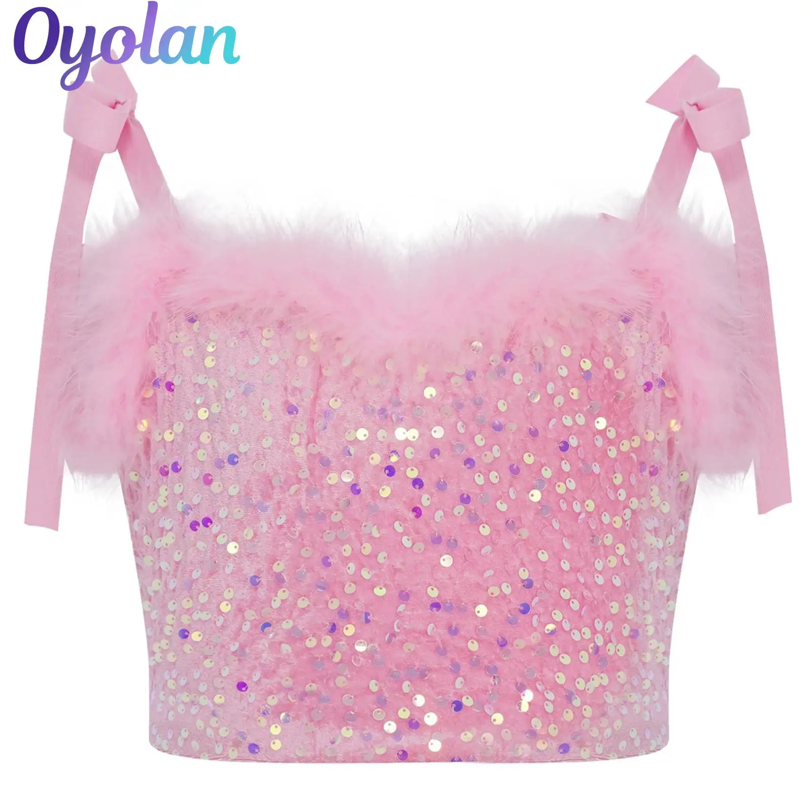 

Kids Girls Hip Hop Jazz Dance Performance Costume Camisole Lace-up Straps Feather Trim Glittery Sequins Crop Top Dancewear