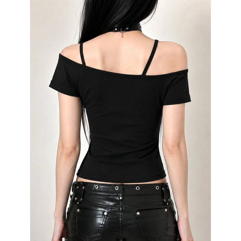 European and American cross border Y2K Women Fake Two Piece One Shoulder Short Sleeve T Shirt Rivet Splash Print Waist Crop Top