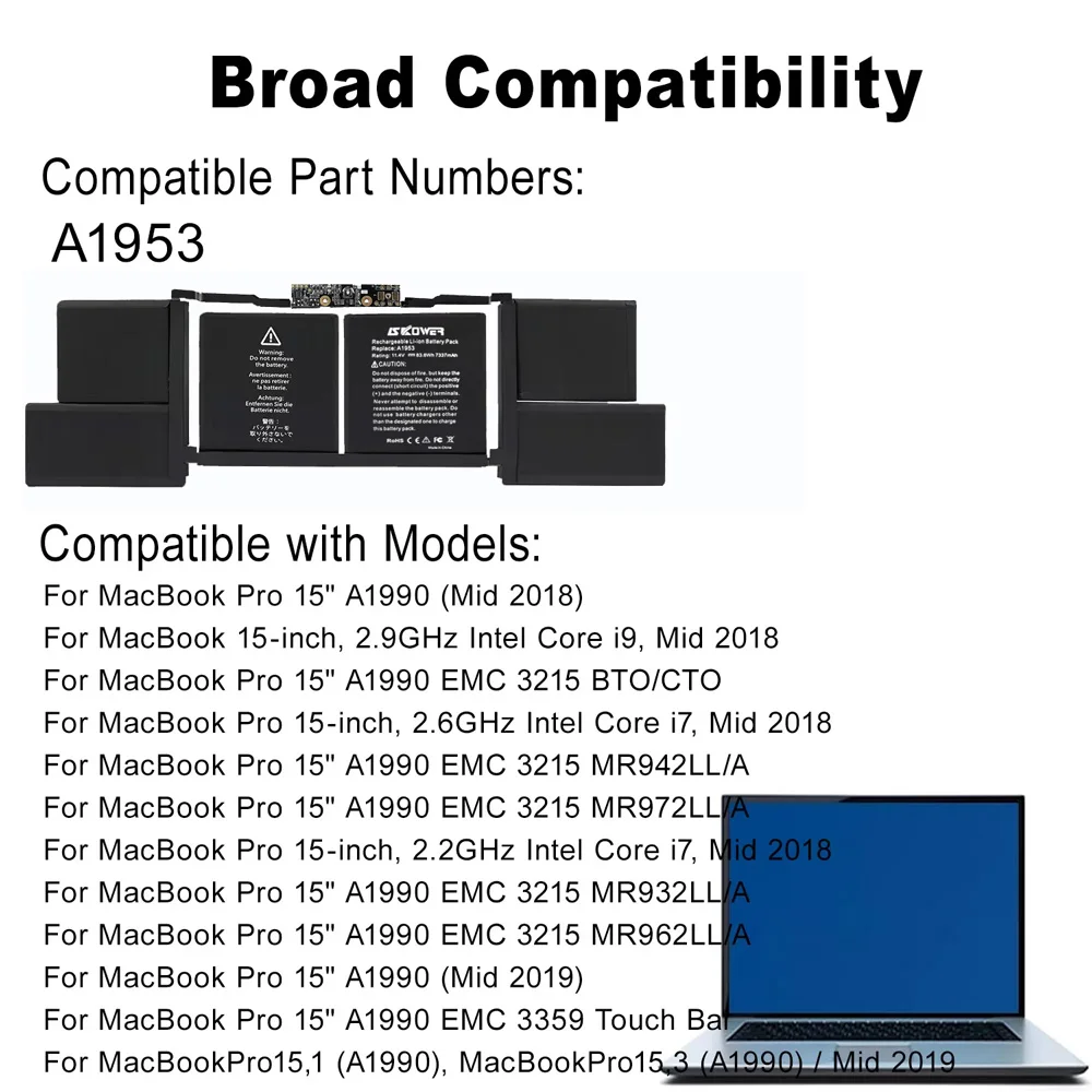 Apple APPLE MacBook Pro 15" A1990 터치바 2018 2019 EMC 3215 MC3359 83.6Wh 7337mAh용 SKOWER A1953 배터리