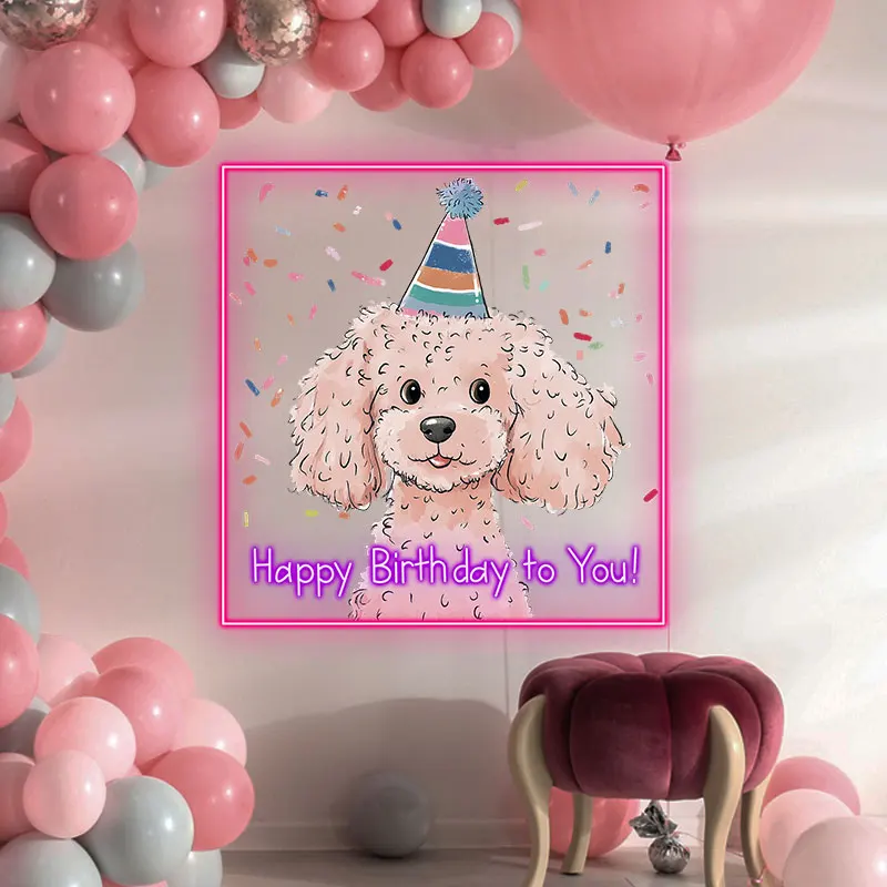 Adorable Poodle Neon Light Birthday Sign – Cute Dog with Party Hat & Confetti, Fun LED Wall Decor Gift for Pet Lovers Birthday