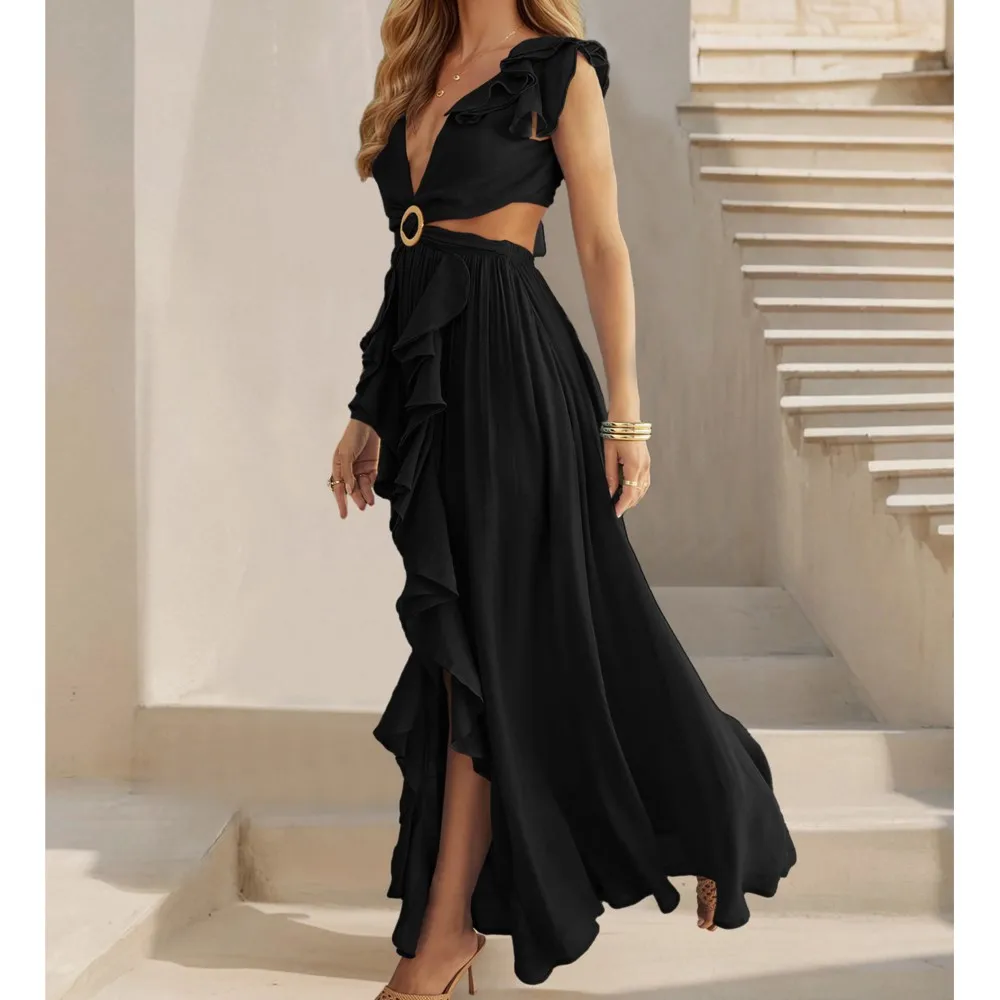 Abito sexy senza schienale slim fit per le donne Nuove vacanze bohémien Scollo a V con volant Patchwork Abito lungo con spacco irregolare Roupas Feminina