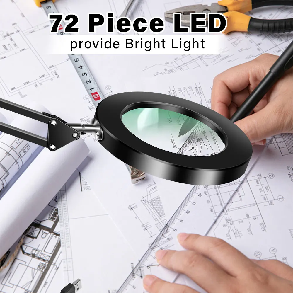 10-fache beleuchtete Lupe mit USB, 3 Farben, 72 LED-Beleuchtung für Lötarbeiten, Reparaturen, Tischlampe, Lesen, Hautpflege und Schönheitsanwendungen – Detail 24