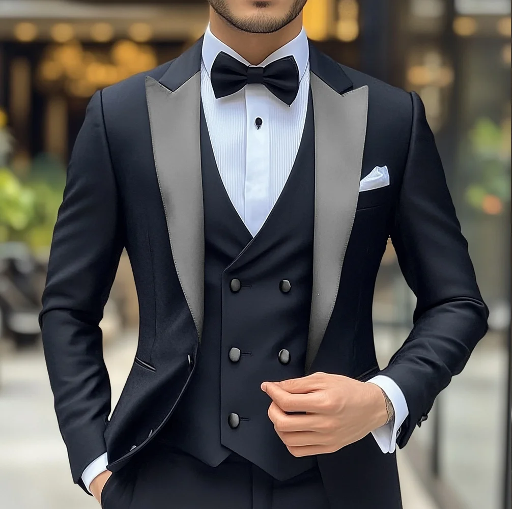 Groom Wedding Tuxedo 3-piece Suit Men's Black Suit Jacket Pants Vest Formal Peak Lapel Blazer Slim Fit Outfit