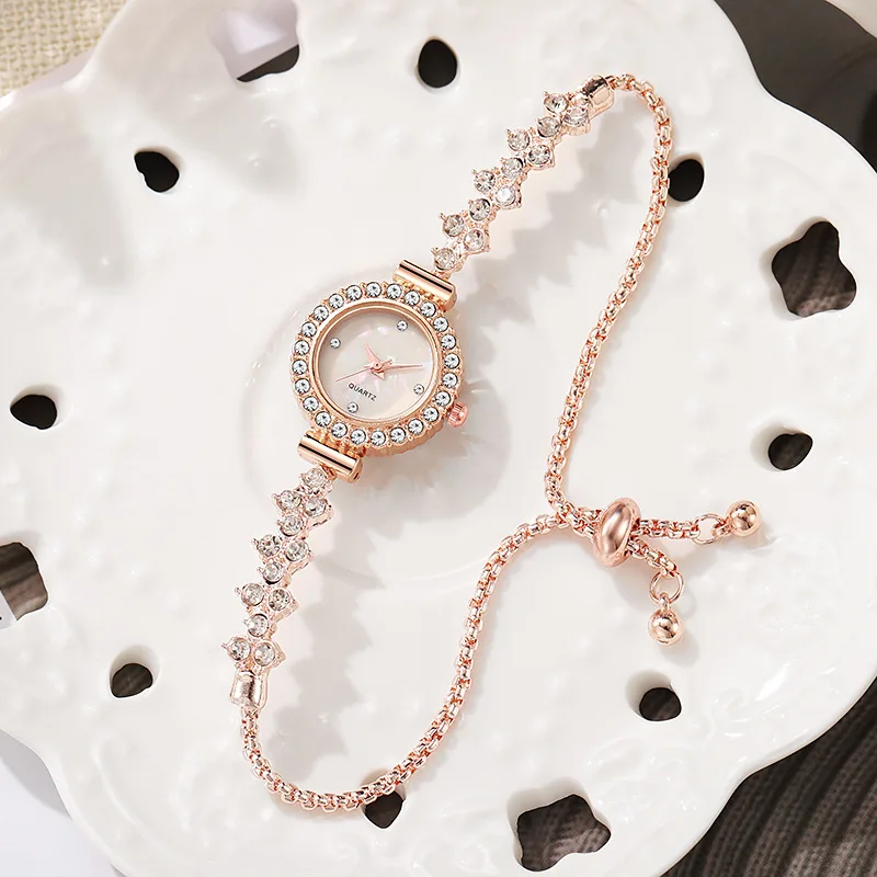 Ladies Watch, niche Fashion Diamond-Encrusted Round Full Diamond Women's Learning Pull-Out Bracelet Quartz Watch