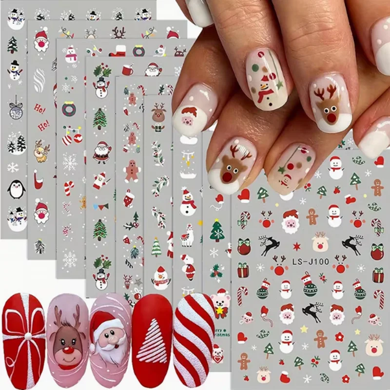 9pcs Holiday Nail stickers 3D Self-Adhesive Design, Santa Claus, Christmas Tree, Snowman and Reindeer, Christmas Nail Decoration