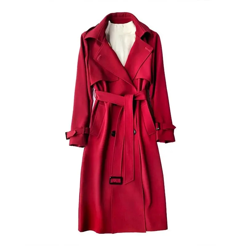 Autumn Korean Women Red Trench Coat With Sashes Elegant Double Breasted Long Sleeve Lapel Mid-length Windbreaker Female 2024 New