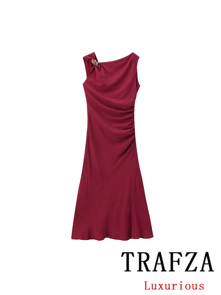 TRAFZA-Robe Longue et Droite Vintage pour Femme, Tenue Chic, Couleur Unie, avec Appliques Dorées, Nouvelle Mode Automne 2024