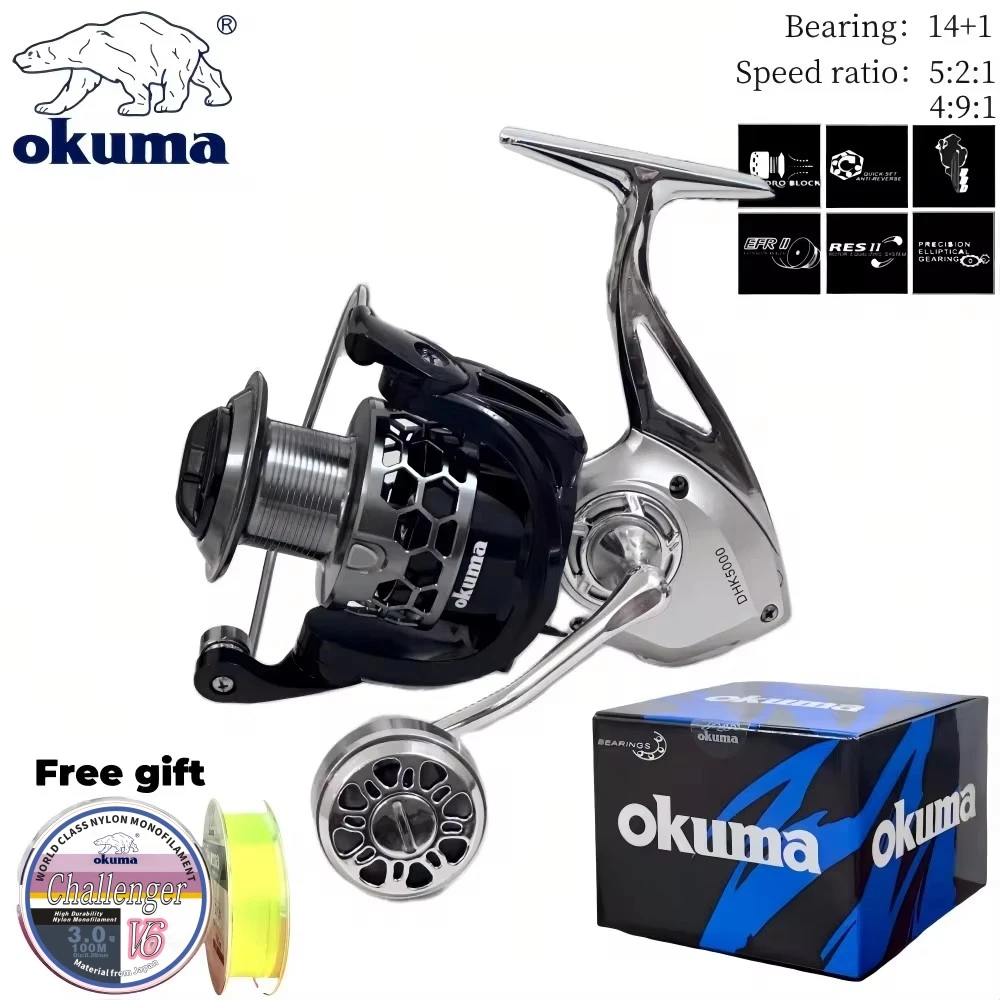 okuma carreteis de pesca de alto desempenho carreteis de giro todo o metal 18kg max drag14 mais rolamento 521 491gear ratiogift line 01