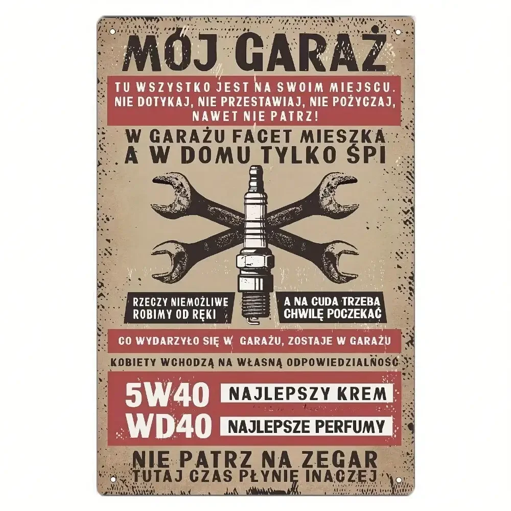 HELLOYOUNG Polish Vintage Garage Metal Tin Sign, Wrench Spark Plug Pattern Wall Plaque, Workshop Decor