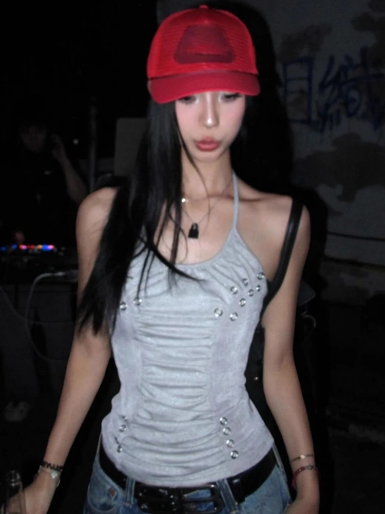 American Retro Hot Girl Punk Hip Hop Women Tank Top Summer Y2K Harajuku Style Gothic Metal Buckle Women's Tops Millennium Style