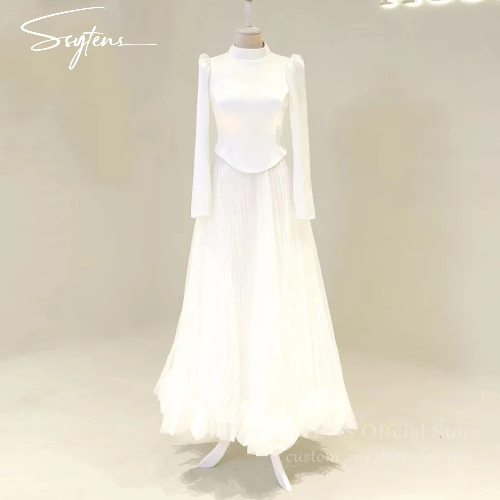 

SSYTENS Customized Luxury Wedding Dresses Modest Floor High Neck Prom Dresses for Brides 3D Flowers Women Bridal Party Gowns