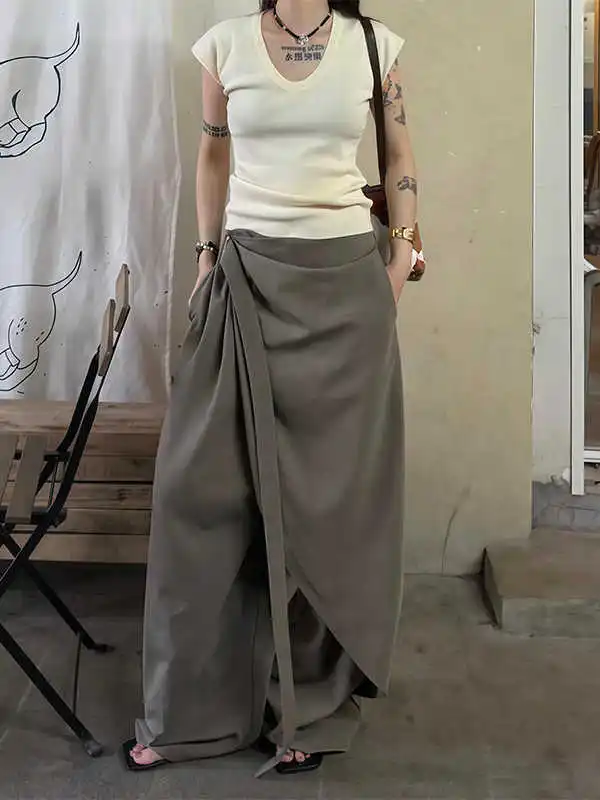 American Retro Irregular Ribbon Casual Suit Pants For Women 2025 Autumn New Lazy And Relaxed Wide Leg Pants