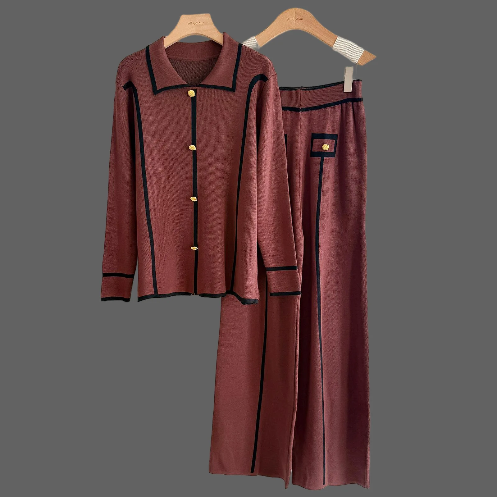 

Casual Knitted Two-Piece Set Single-breasted Pullover Sweater Wide Leg Pants Female Knitted Long Sleeve Cardigan+Wide Leg Pants