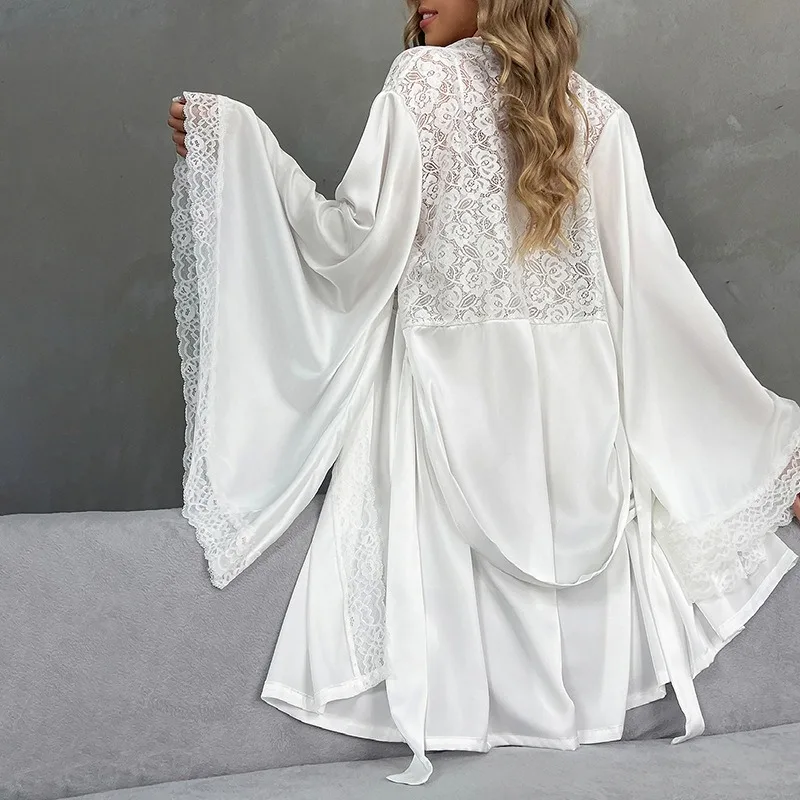 Krismile Satin Womens Gown Sets White Sexy Patchwork Mesh Mini Nightdress Lace Tied Waist Bathrobe 2025 Female Leisure Suit
