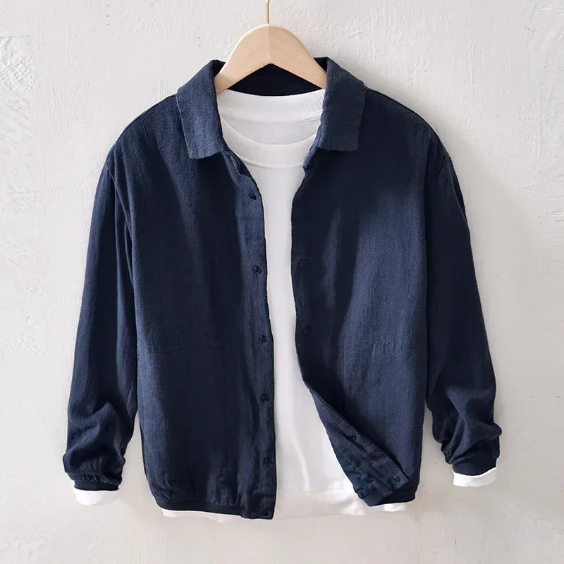 Spring Summer Jackets for Men Daily Casual Baseball Jacket Solid Color Loose Button Cotton Linen Jacket Japanese Style Male Coat