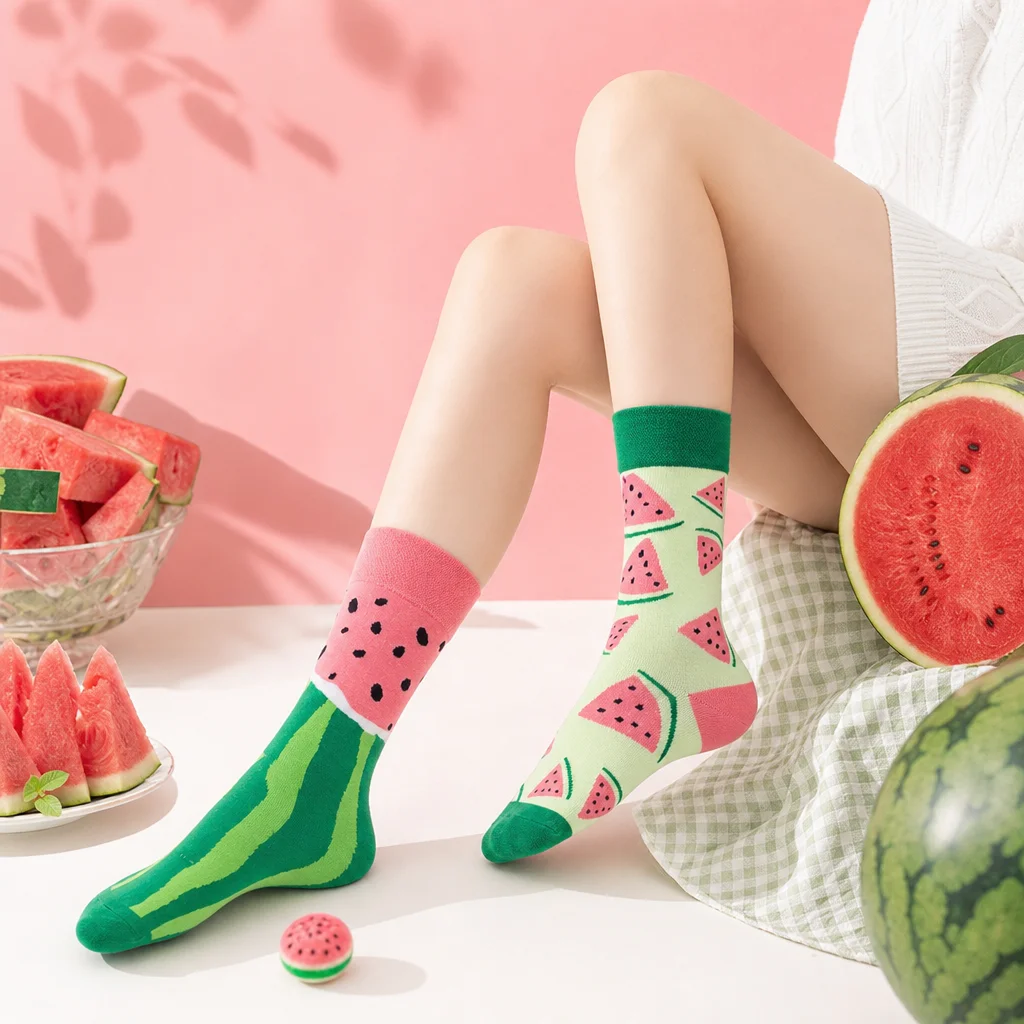 1 pair of women’s asymmetrical watermelon-print knee-high socks, size 35–40