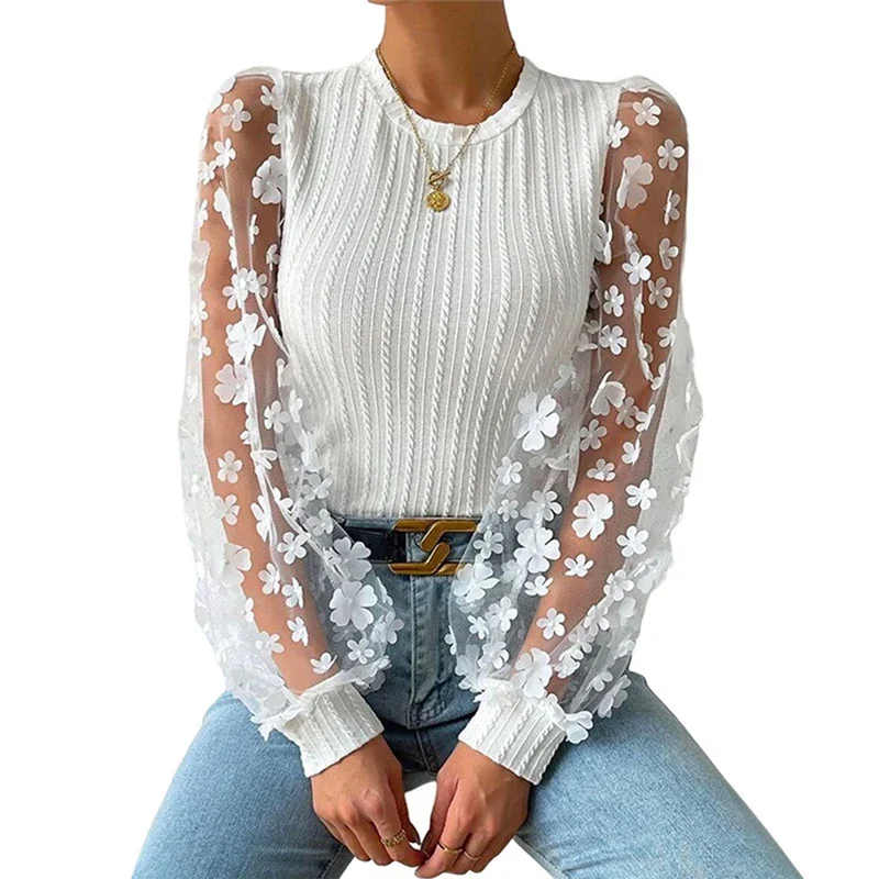 

Women See-through Mesh Long Sleeve Chiffon Shirt 2023 Elegant O Neck Pullover Slim Blouse Female Office Casual Comfortable Tops