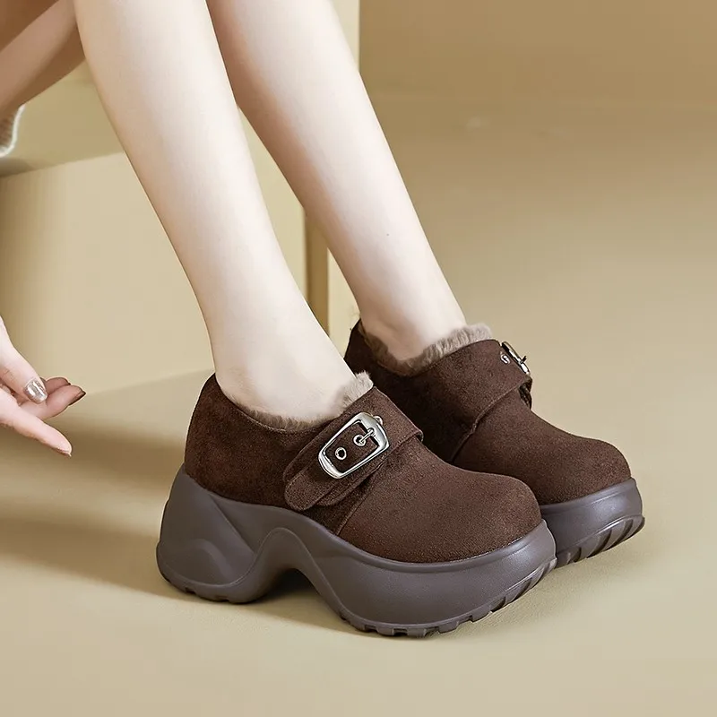 أحذية عالية الكعب موضة جولة تو الجلد المدبوغ مشبك معدني أفخم منصة دافئة عدم الانزلاق كتلة كعب الأحذية القطنية