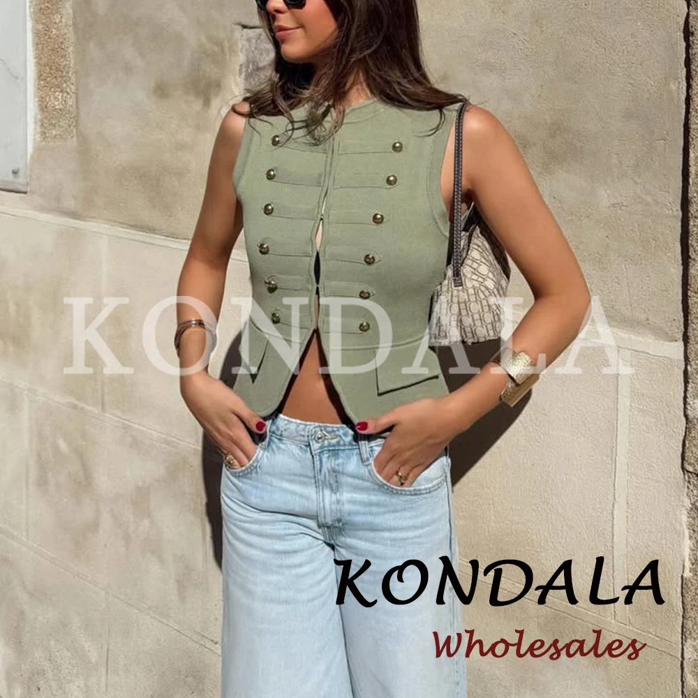 KONDALA 2026 Spring Women Casual Knitted Sleeveless Vest Fashion Single Breasted Vest Solid Green Elegant Female Knit Sweater