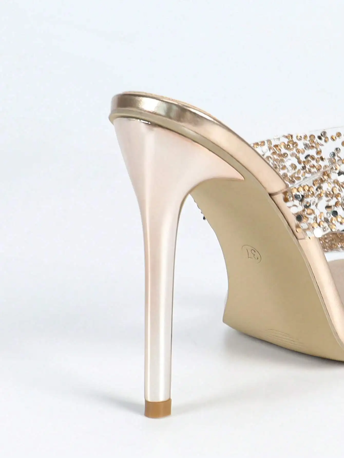 

Women Champagne Metallic Stiletto Heel Jelly Sandals With Rhinestones Double Strap Slip-On Square Toe
