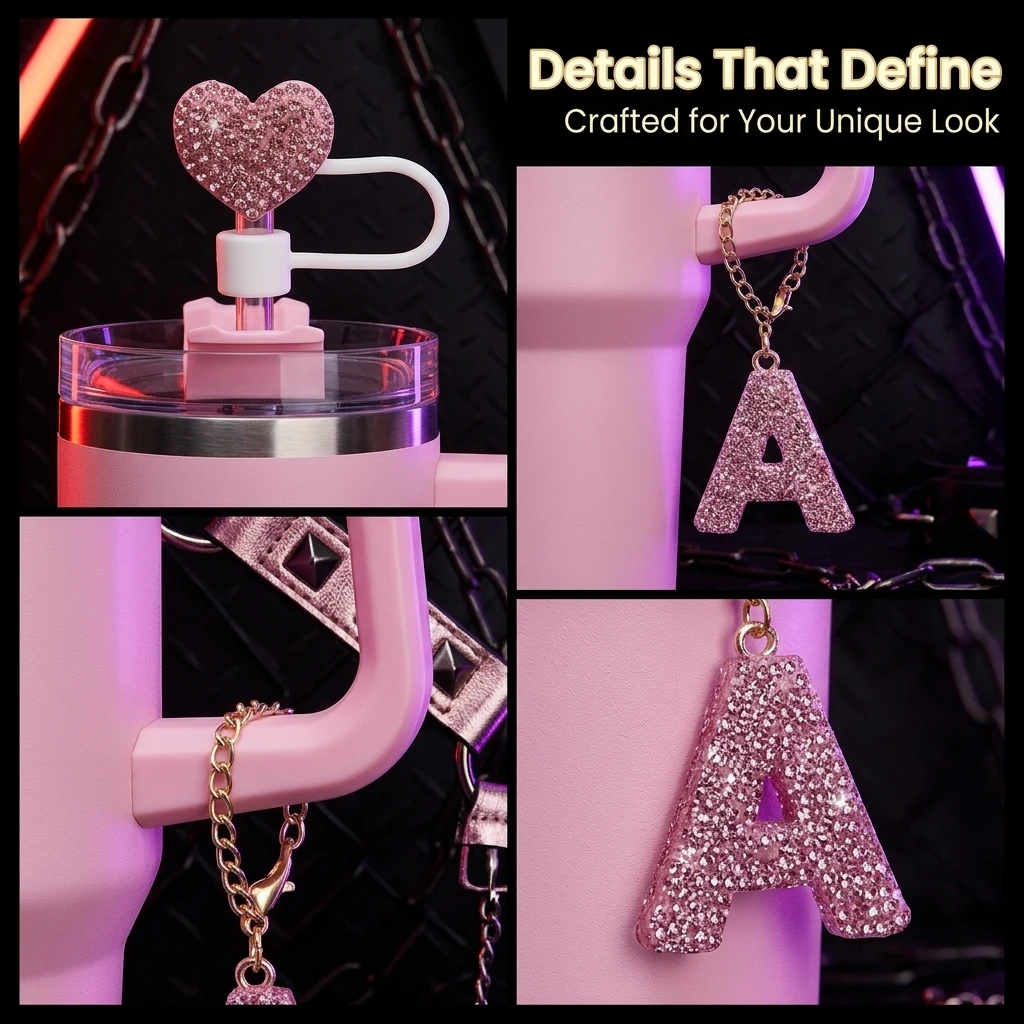 Bling Straw Cover and Charm Set for Stanley 40oz Tumbler, Perfect Gift, Glam Punk Pink Rhinestone Cup Accessories for Cup Decor